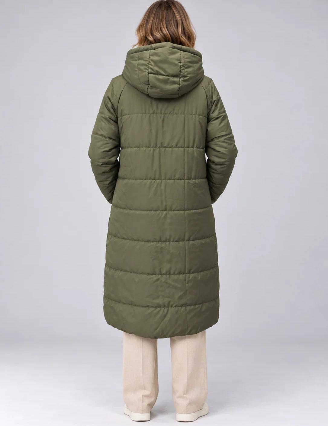Women's reversible long puffer coat in olive and beige with hood