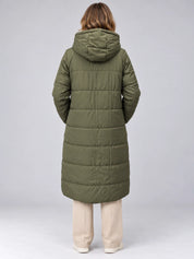 Women's reversible long puffer coat in olive and beige with hood
