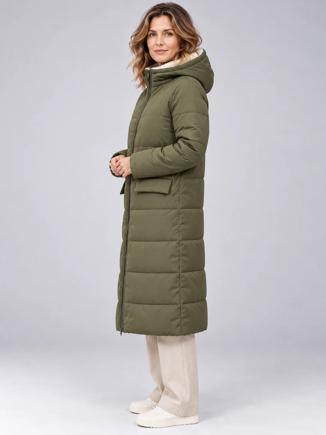 Women's reversible long puffer coat in olive and beige with hood