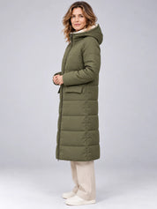 Women's reversible long puffer coat in olive and beige with hood