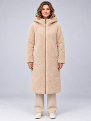 Women's reversible long puffer coat in olive and beige with hood