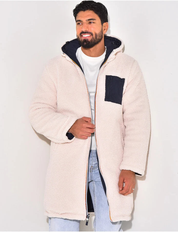 Men's reversible long teddy coat with hood, cream teddy side