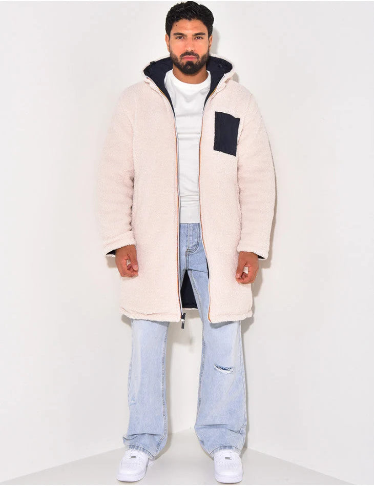 Men's reversible long teddy coat with hood, cream teddy side