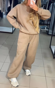 Women's rhinestone lounge set with jumper and joggers in beige