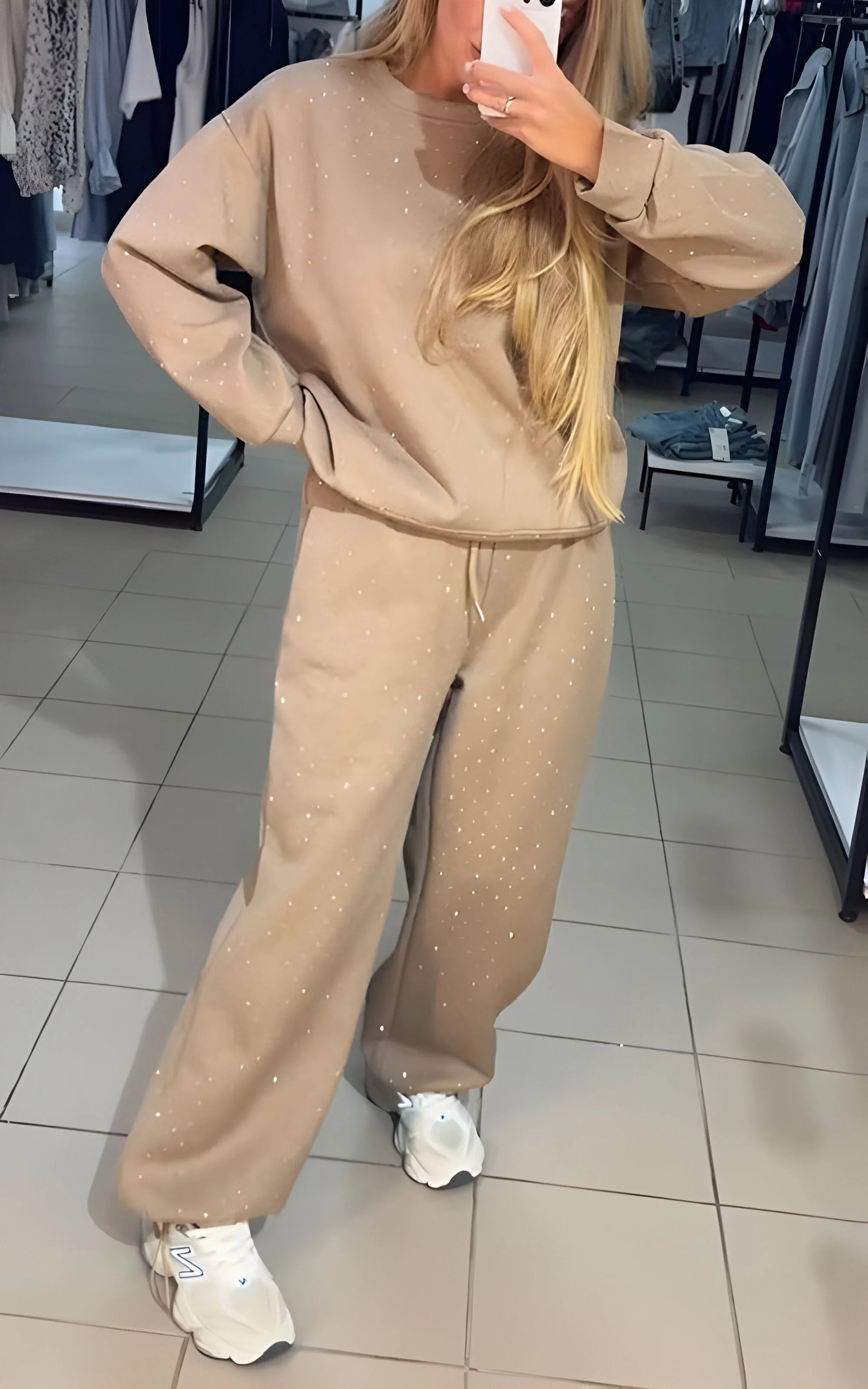 Women's rhinestone lounge set with jumper and joggers in beige