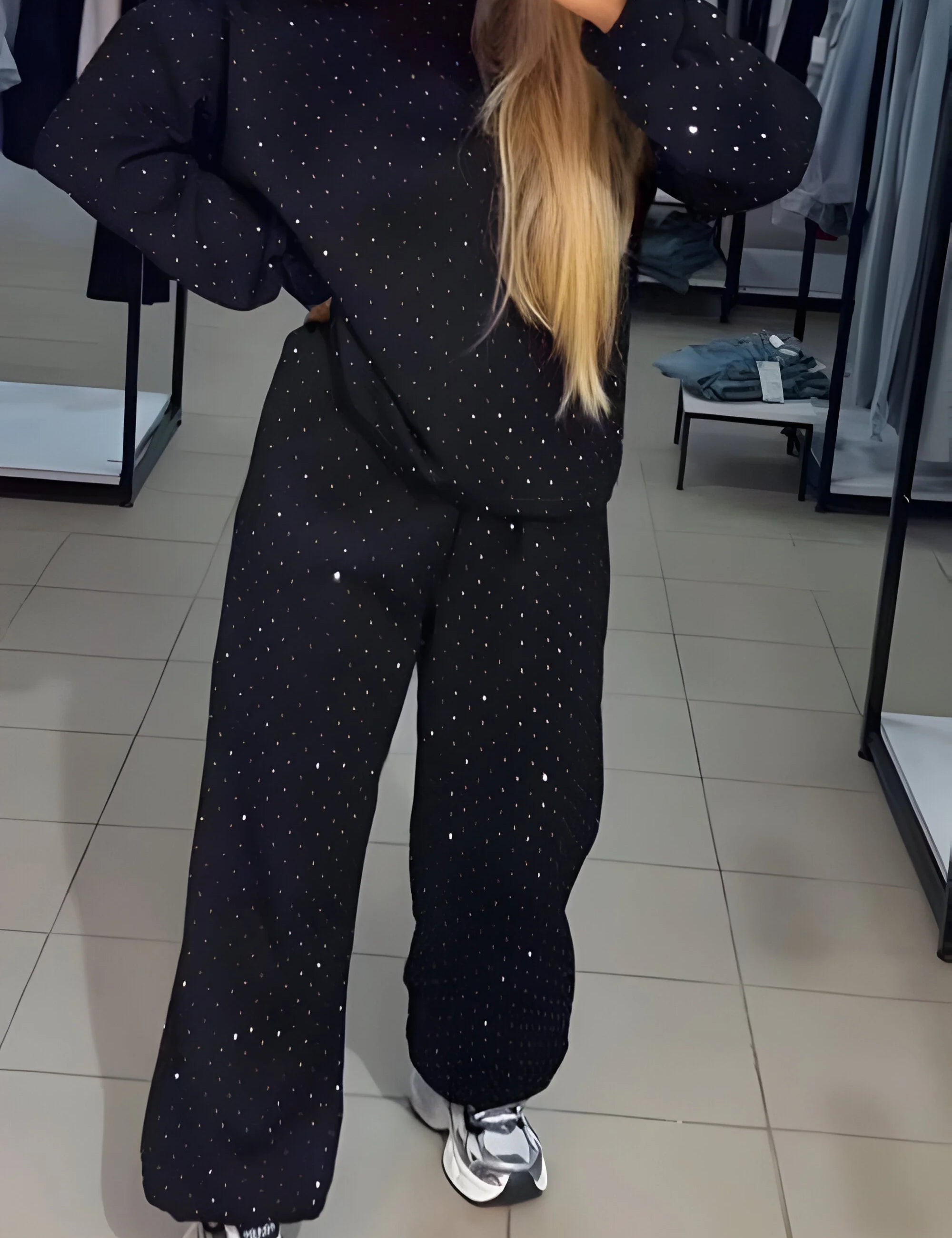 Women's rhinestone lounge set with jumper and joggers in black