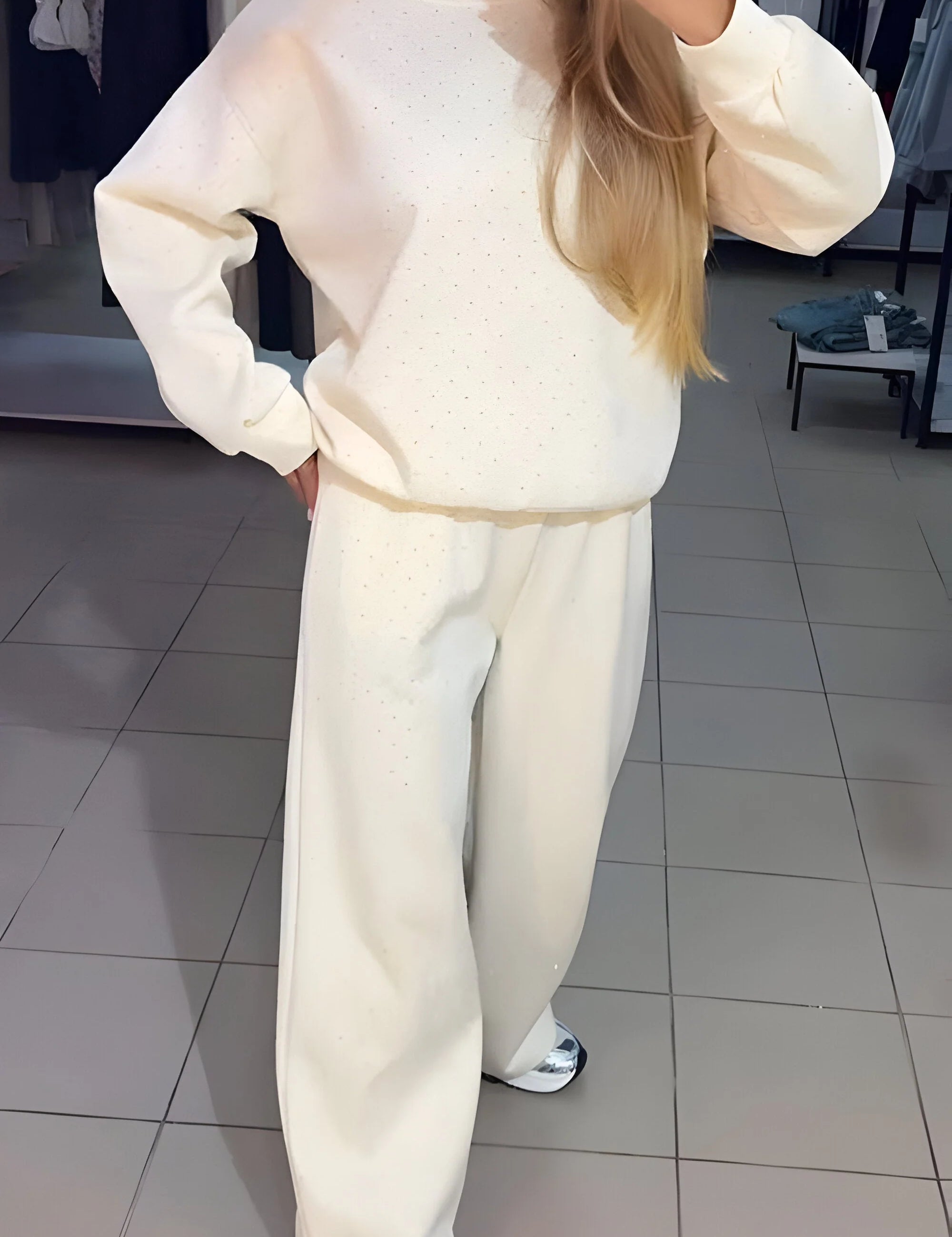 Women's rhinestone lounge set with jumper and joggers in white