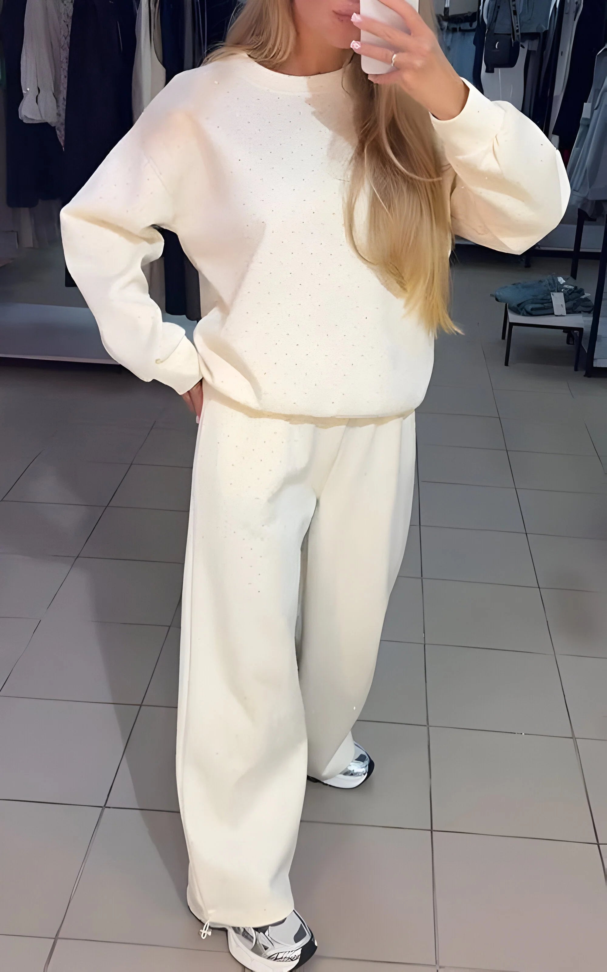 Women's rhinestone lounge set with jumper and joggers in white