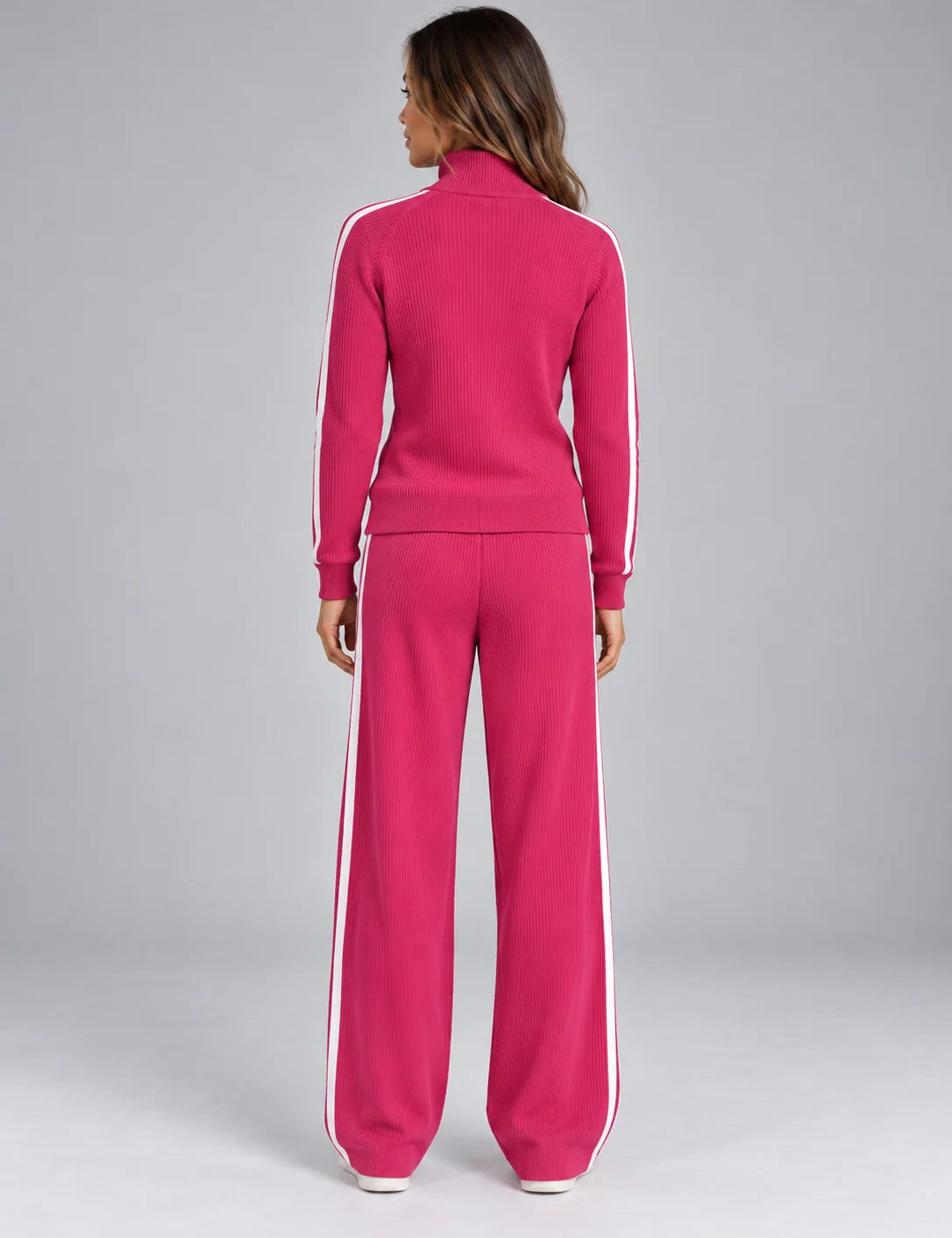 Women's ribbed co-ord set with quarter zip and wide leg trousers