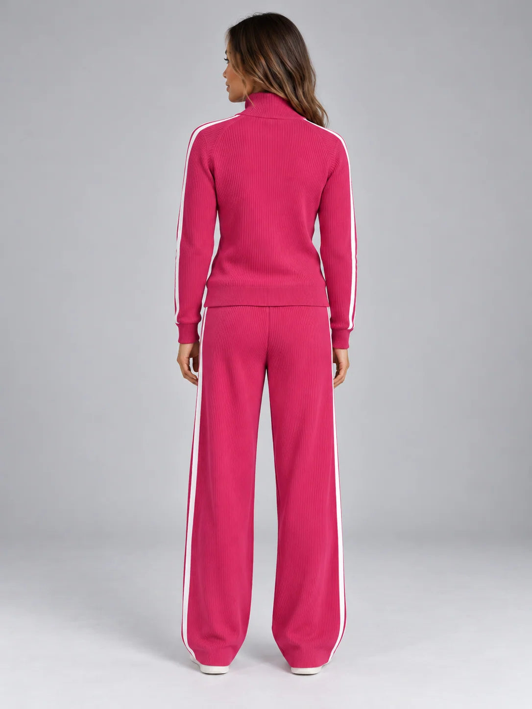 Women's ribbed co-ord set with quarter zip and wide leg trousers