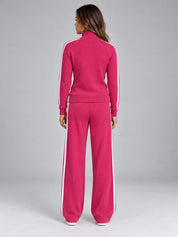 Women's ribbed co-ord set with quarter zip and wide leg trousers