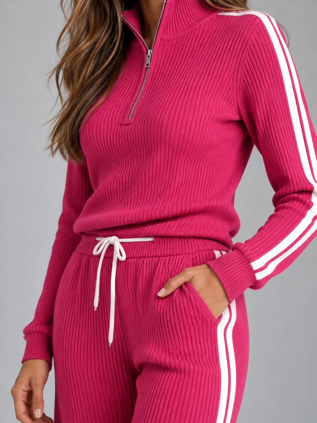 Women's ribbed co-ord set with quarter zip and wide leg trousers