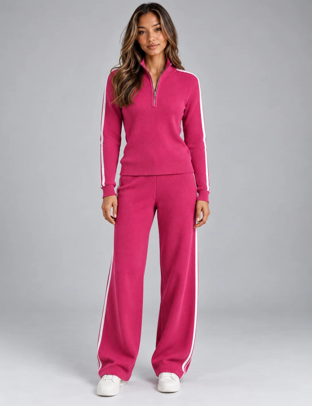 Women's ribbed co-ord set with quarter zip and wide leg trousers in fuchsia