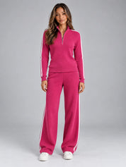 Women's ribbed co-ord set with quarter zip and wide leg trousers in fuchsia