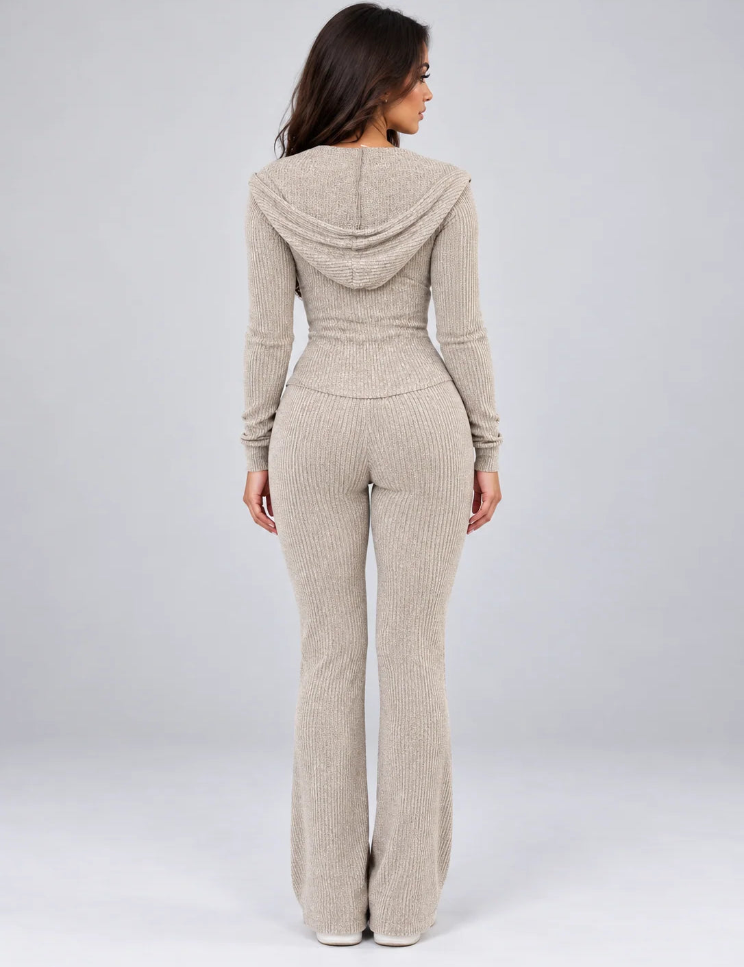 Women's ribbed knit lounge set with zip hoodie and flared trousers