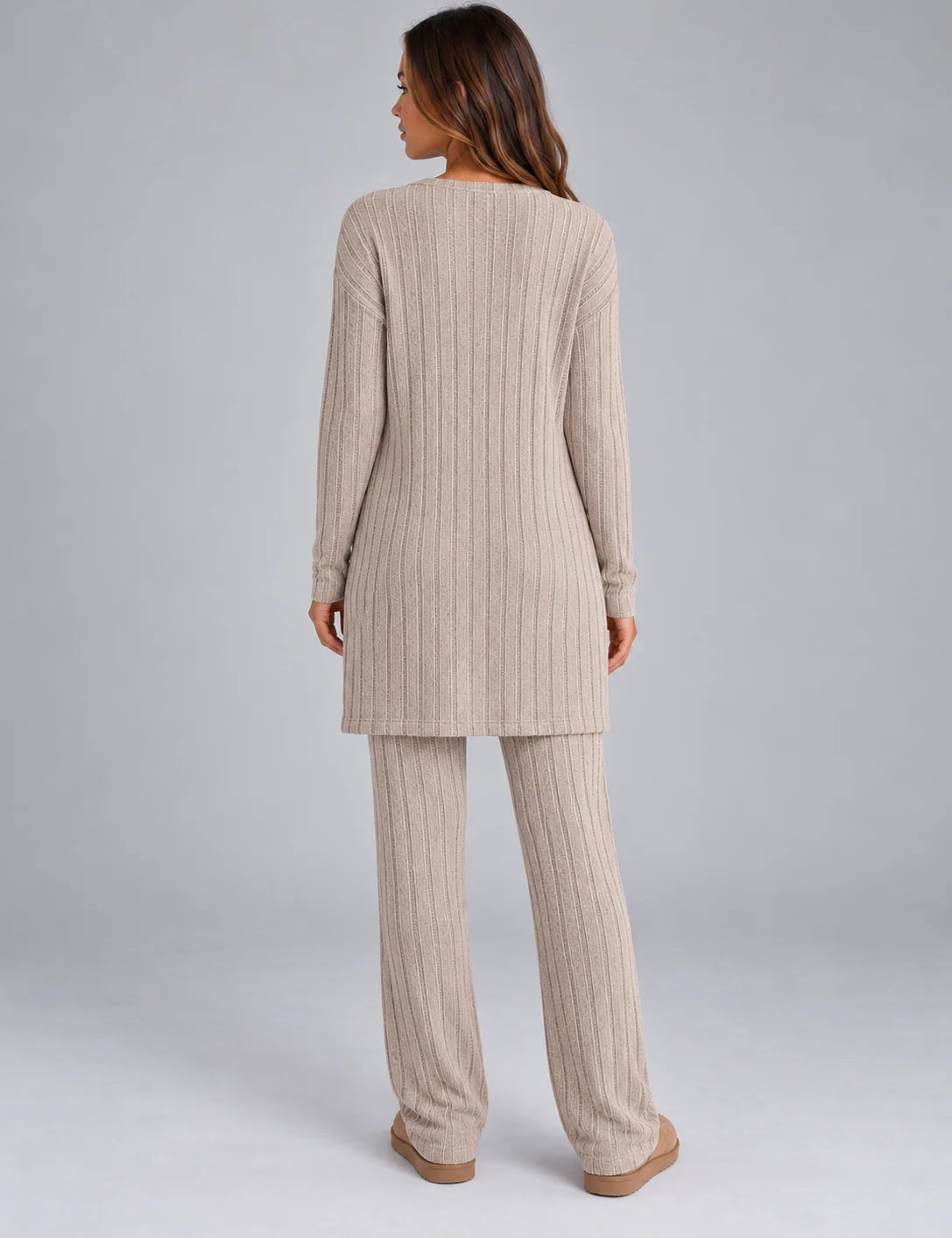 Women's ribbed lounge set with cardigan and wide leg trousers