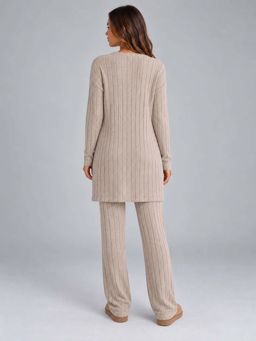 Women's ribbed lounge set with cardigan and wide leg trousers