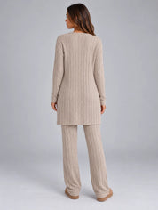 Women's ribbed lounge set with cardigan and wide leg trousers