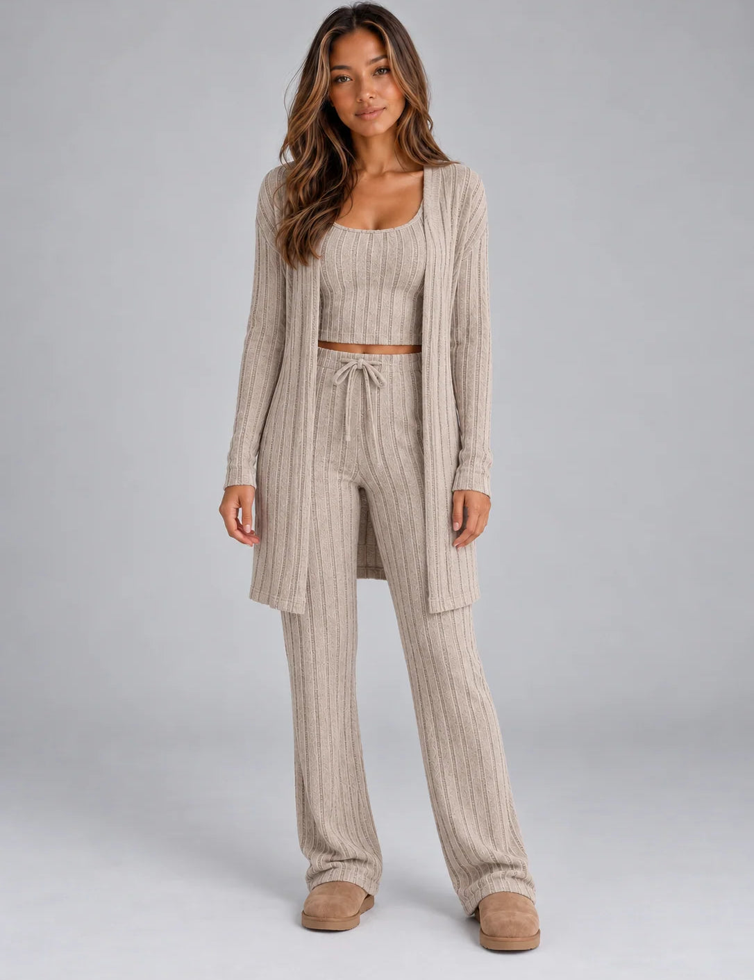 Women's ribbed lounge set with cardigan and wide leg trousers in beige