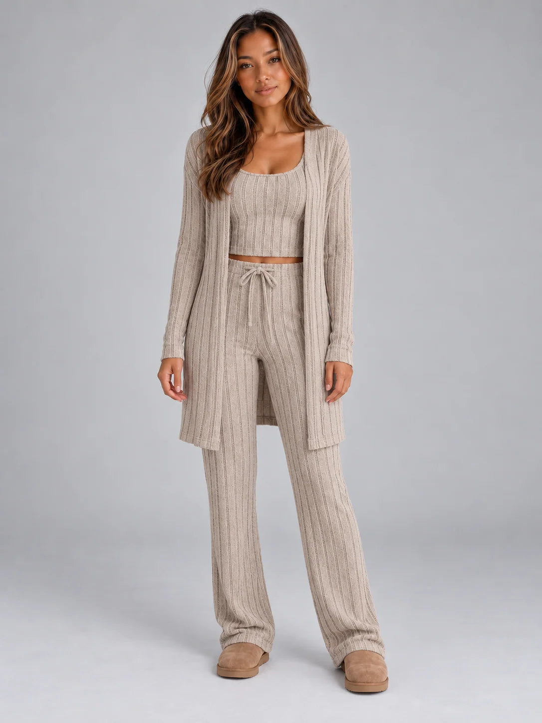 Women's ribbed lounge set with cardigan and wide leg trousers in beige