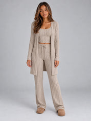 Women's ribbed lounge set with cardigan and wide leg trousers in beige