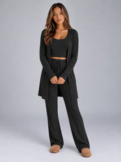 Women's ribbed lounge set with cardigan and wide leg trousers in black