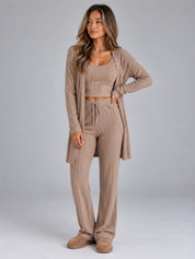 Women's ribbed lounge set with cardigan and wide leg trousers in brown