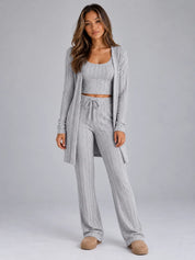 Women's ribbed lounge set with cardigan and wide leg trousers in grey