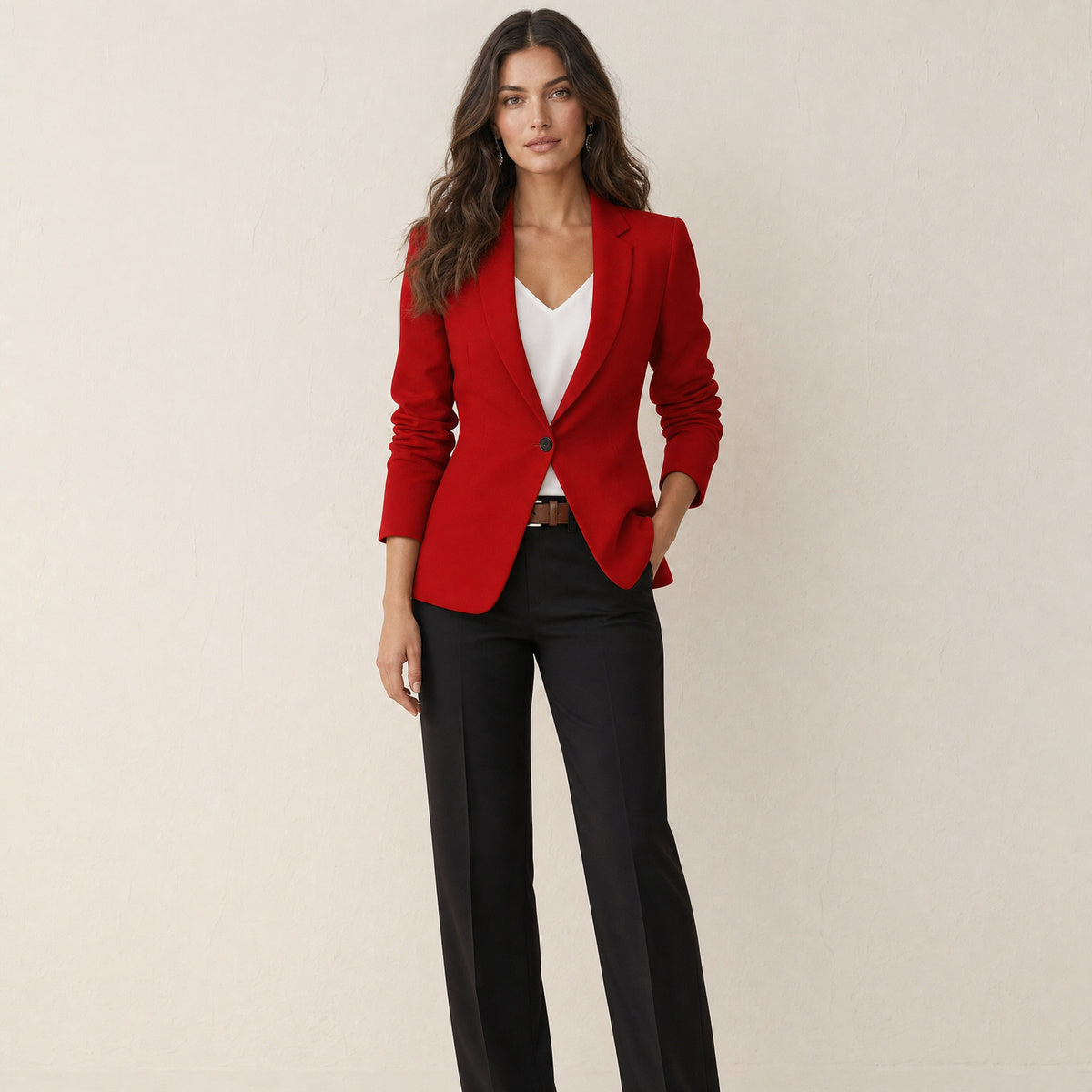 Model in rode getailleerde damesblazer met reverskraag en één knoop, vooraanzicht
