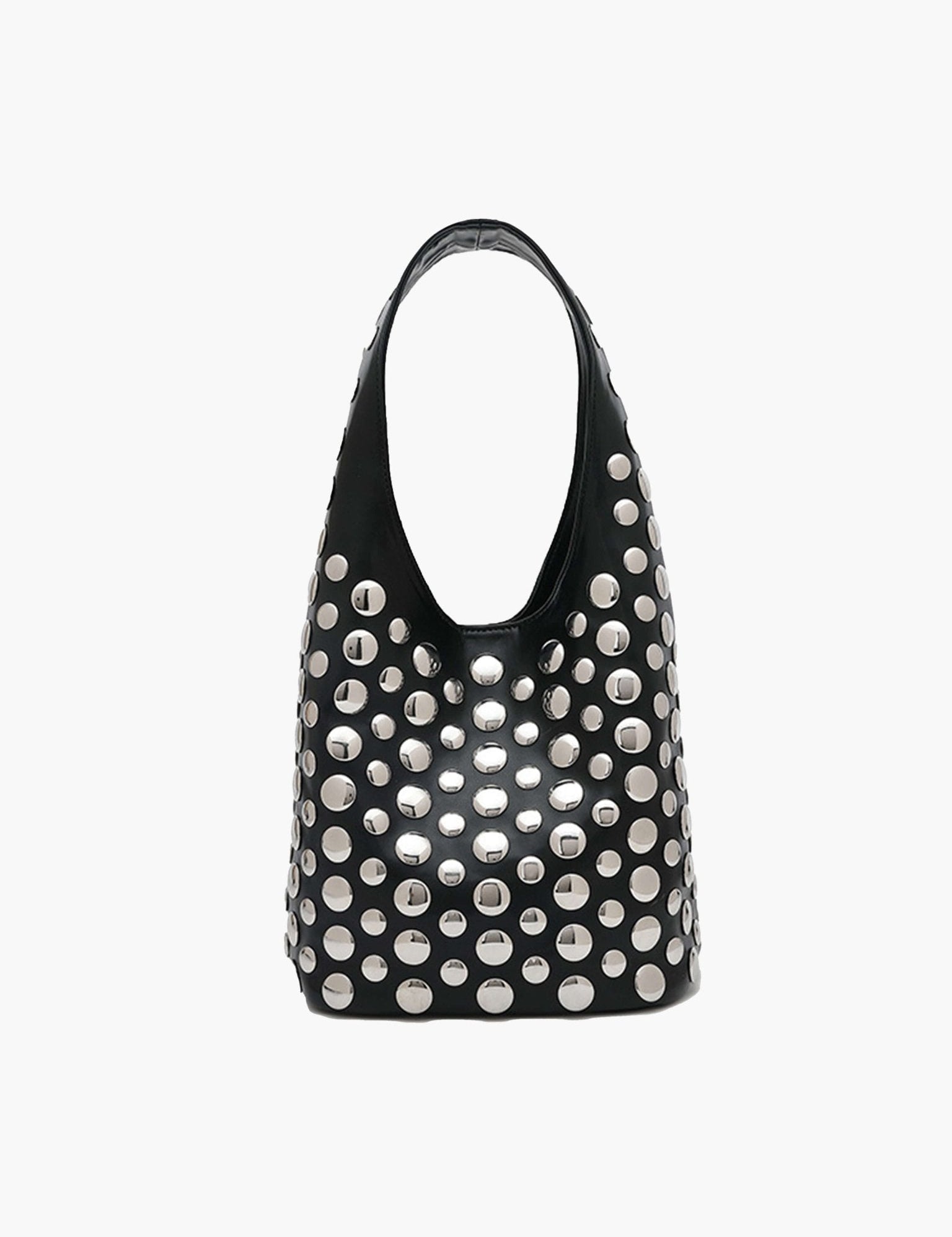 Women's studded faux leather bucket bag with drawstring