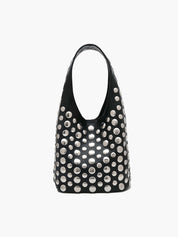 Women's studded faux leather bucket bag with drawstring