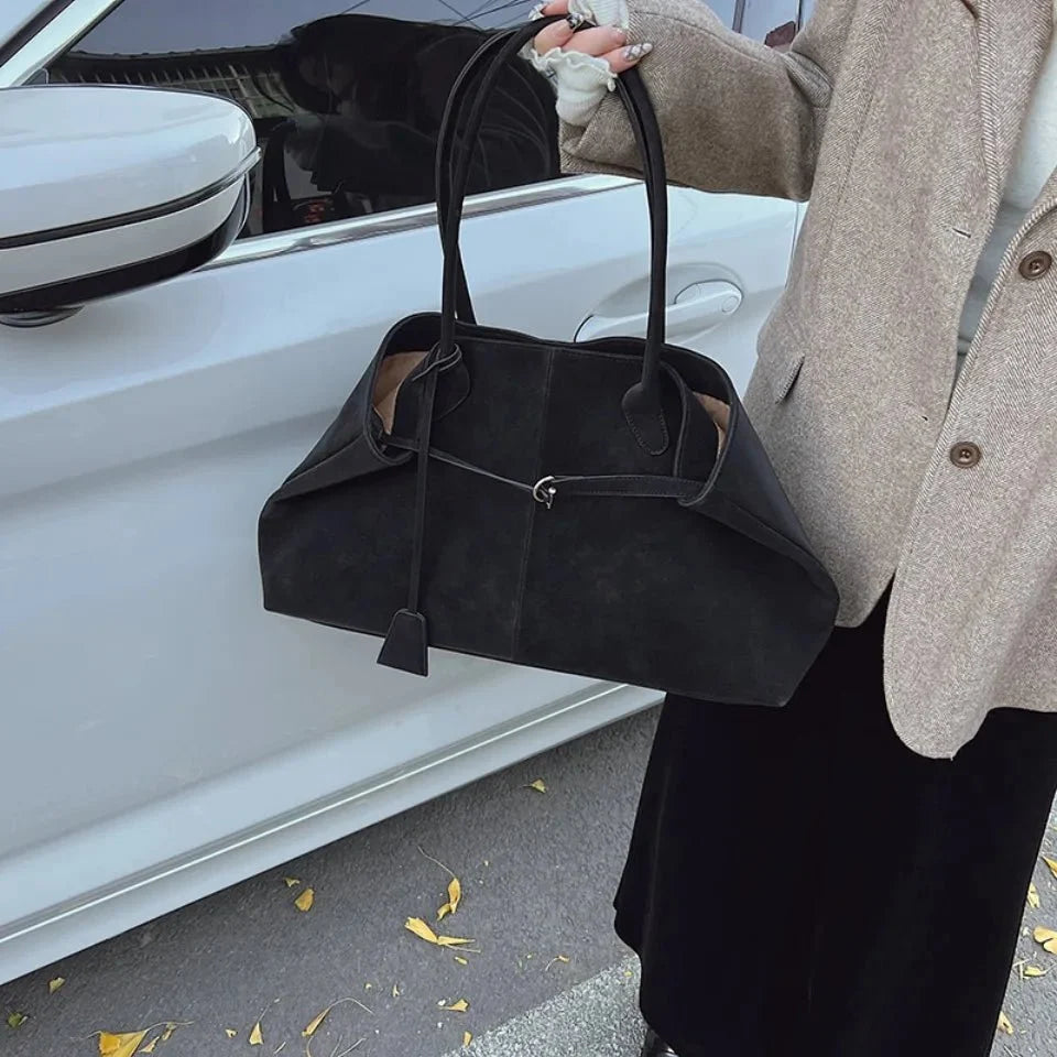Women's large faux suede shoulder bag in retro style