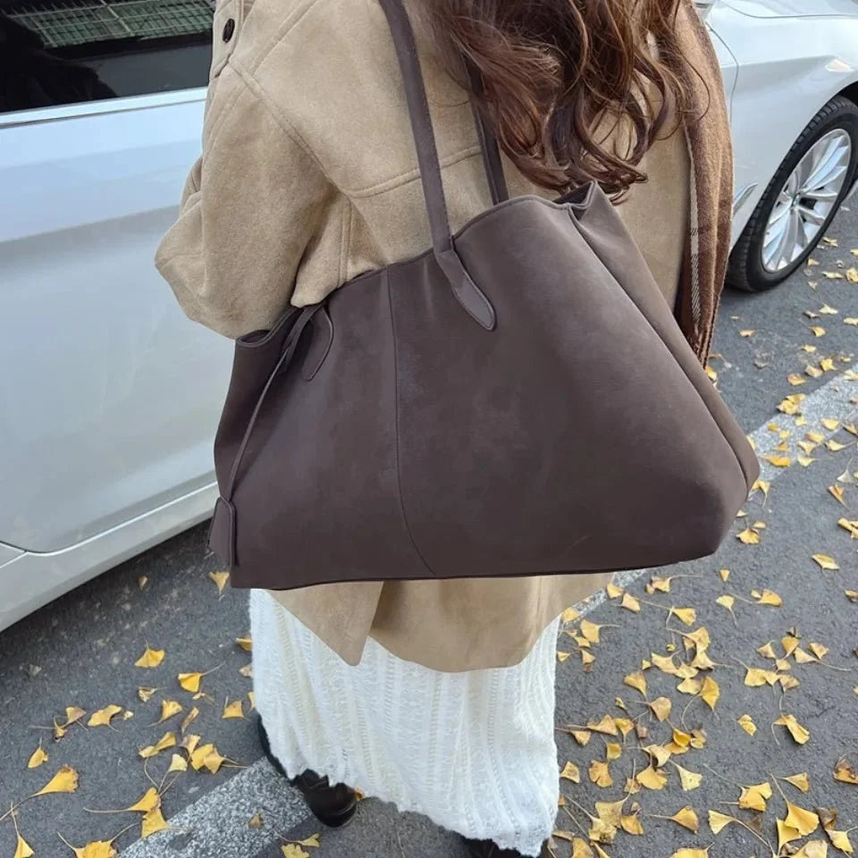 Women's large faux suede shoulder bag in retro style