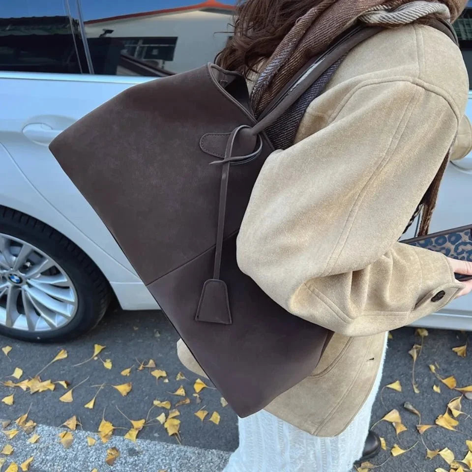 Women's large faux suede shoulder bag in retro style
