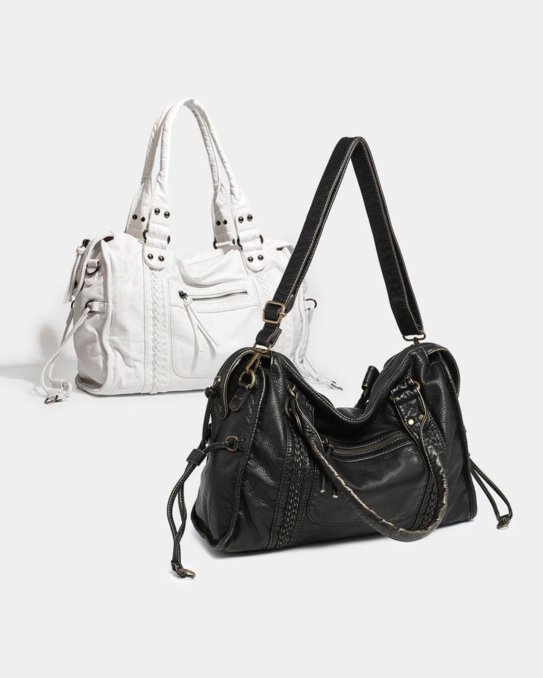 Women's vintage faux leather shoulder bag with zip