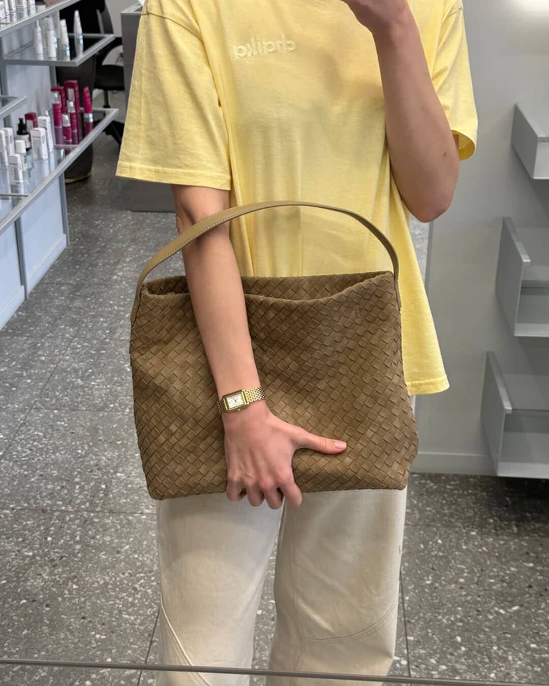 Women's woven faux suede shoulder bag with zip