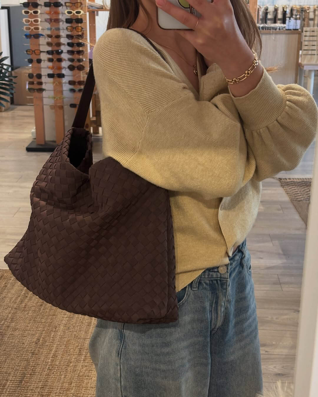 Women's woven faux suede shoulder bag with zip