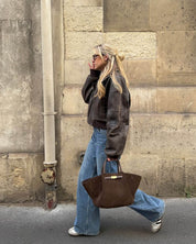 Women's faux suede handbag with gold-tone clasp