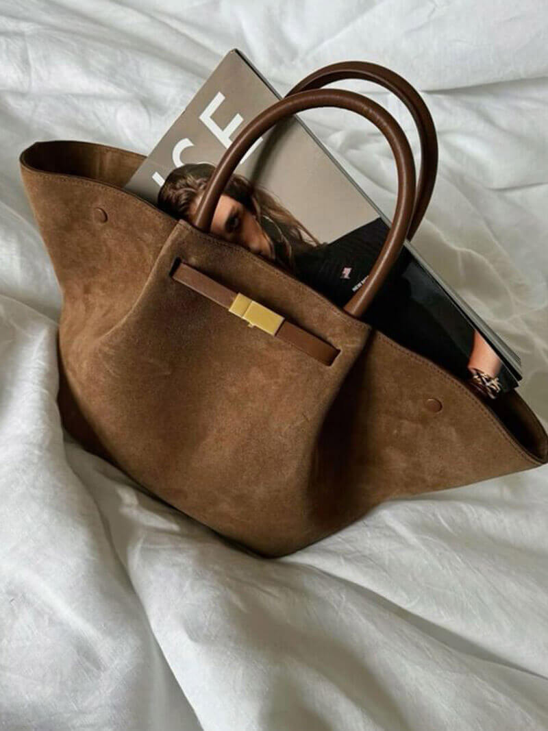 Women's faux suede handbag with gold-tone clasp