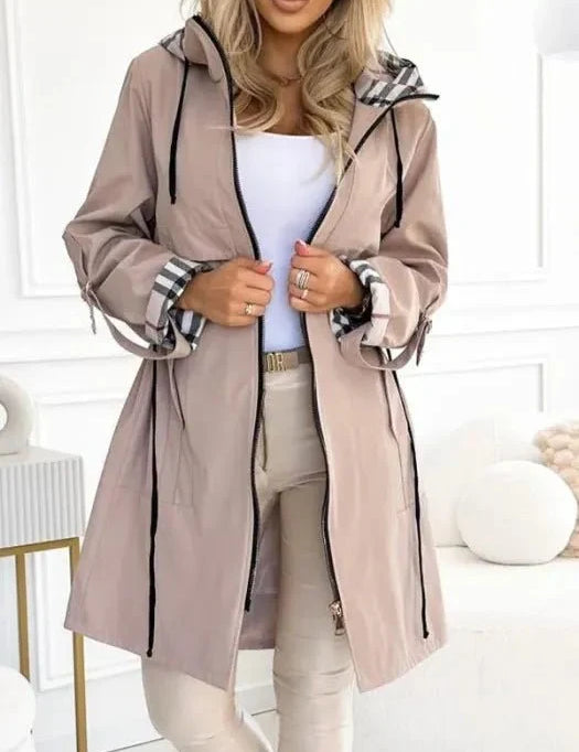 Women's short trench coat with hood and drawstring waist in taupe