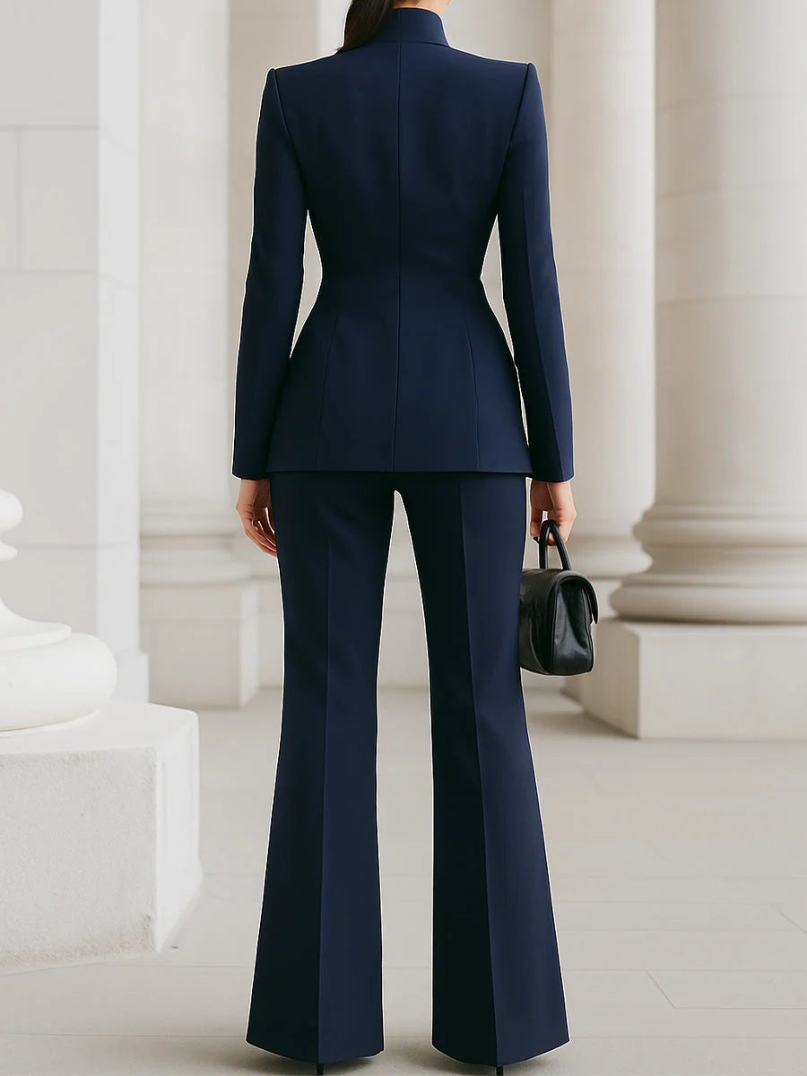 Women's slim fit trouser suit with stand collar blazer
