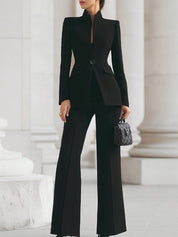 Women's slim fit trouser suit with stand collar blazer in black