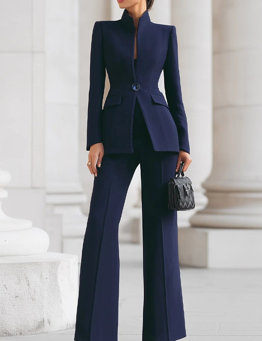 Women's slim fit trouser suit with stand collar blazer in navy