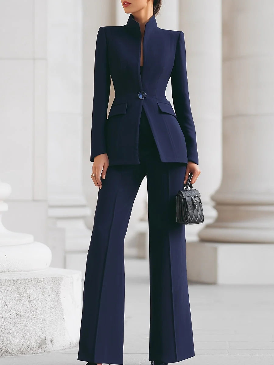 Women's slim fit trouser suit with stand collar blazer in navy