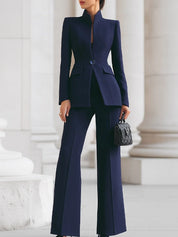 Women's slim fit trouser suit with stand collar blazer in navy