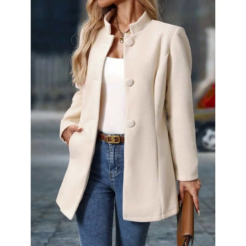Women's stand collar coat with button front and side pockets