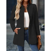 Women's stand collar coat with button front and side pockets in black