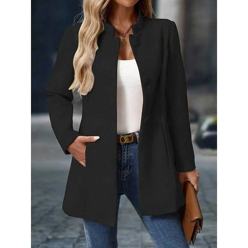 Women's stand collar coat with button front and side pockets in black