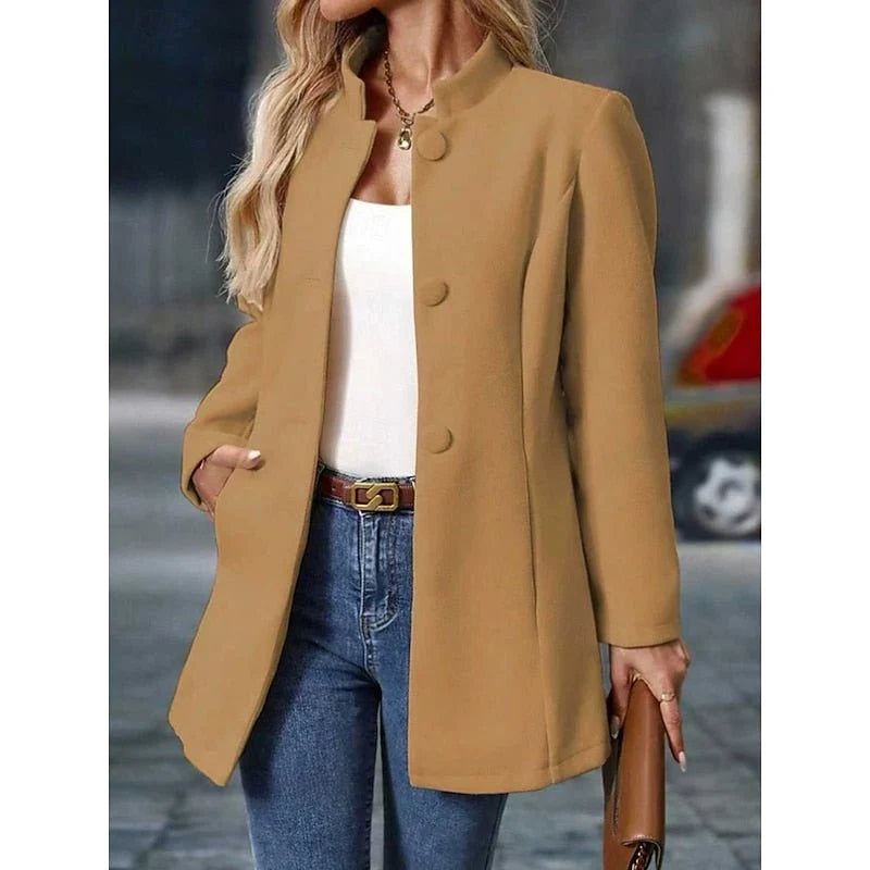 Women's stand collar coat with button front and side pockets in camel