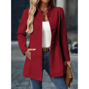 Women's stand collar coat with button front and side pockets in red